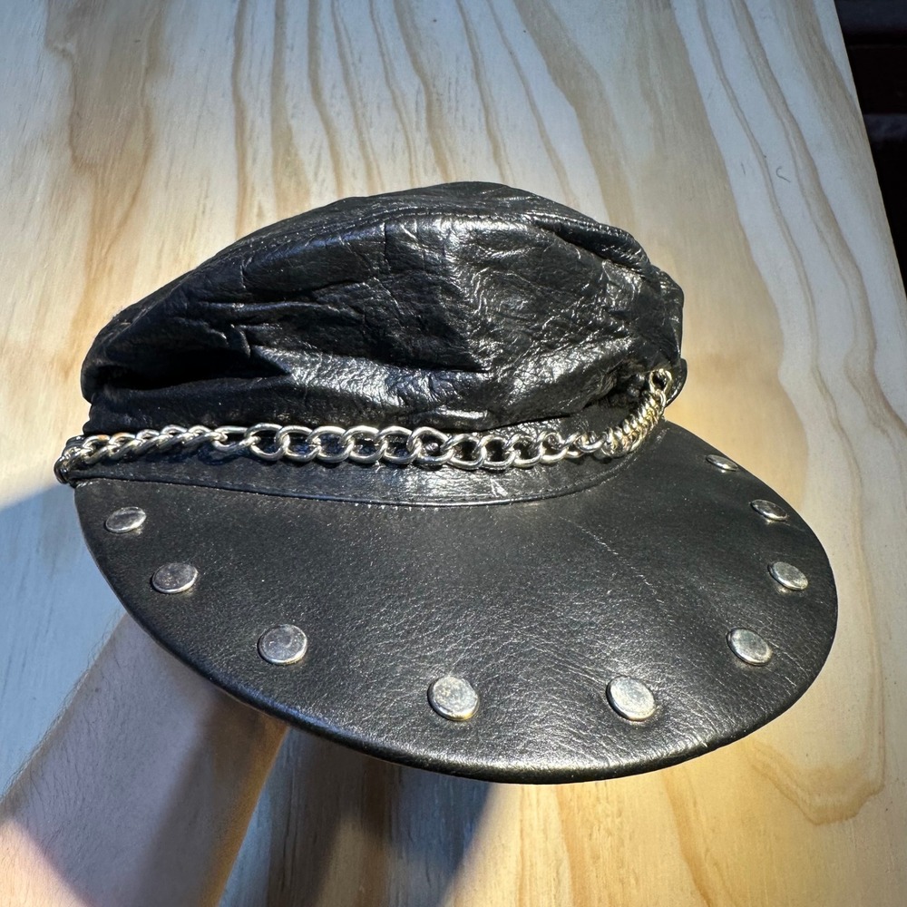 Vintage Leather punk Biker Baker Boy Hat Silver Chain Studded Newsboy Cap Small